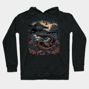 Flying steam train river and crashing waves with snakes Hoodie